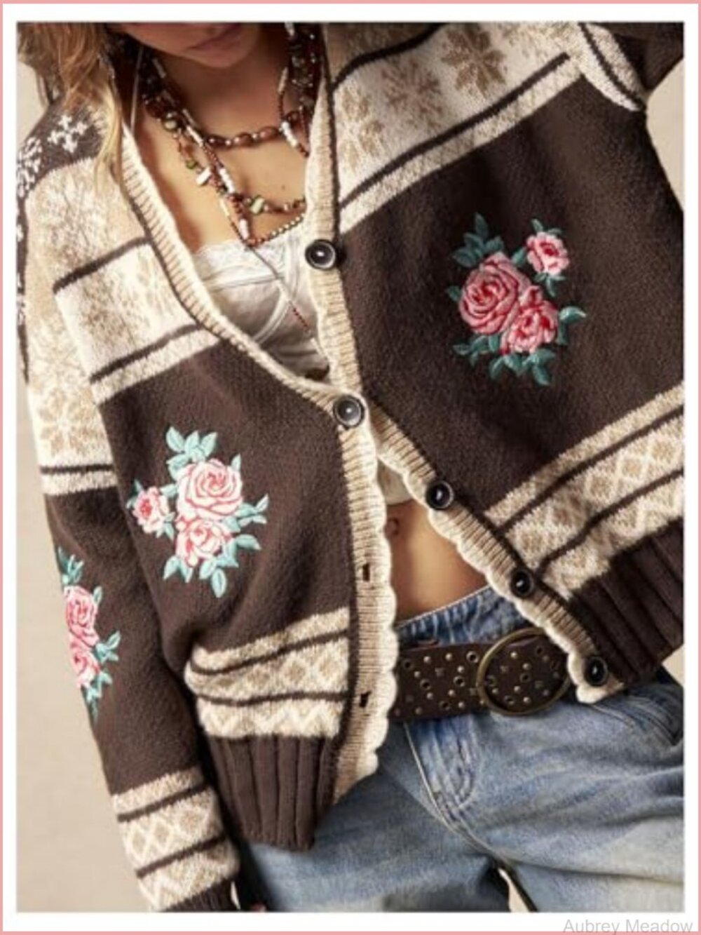 Vintage Floral Fair Isle Cardigan Button Up Oversized Winter Sweater - Picture 5 of 5